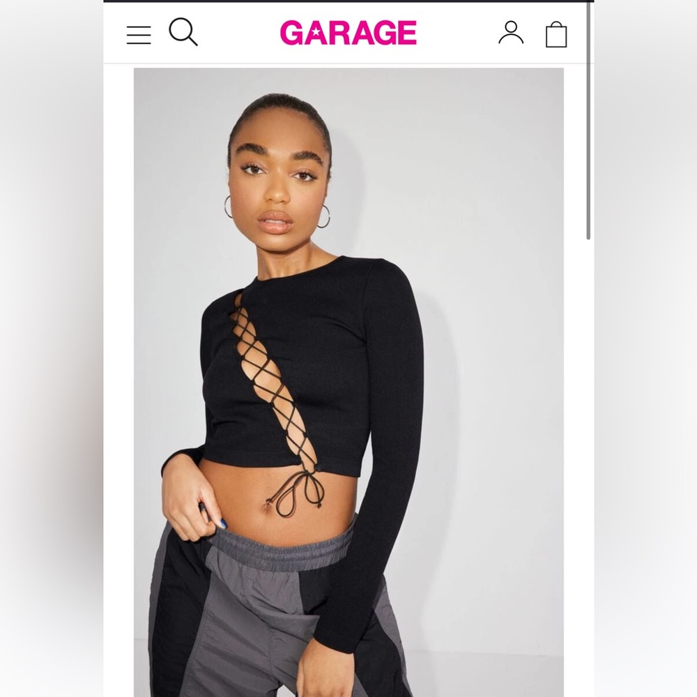 Garage Black Long Sleeve Stretch Diagonal Lace-Up Crop Top Size P/S